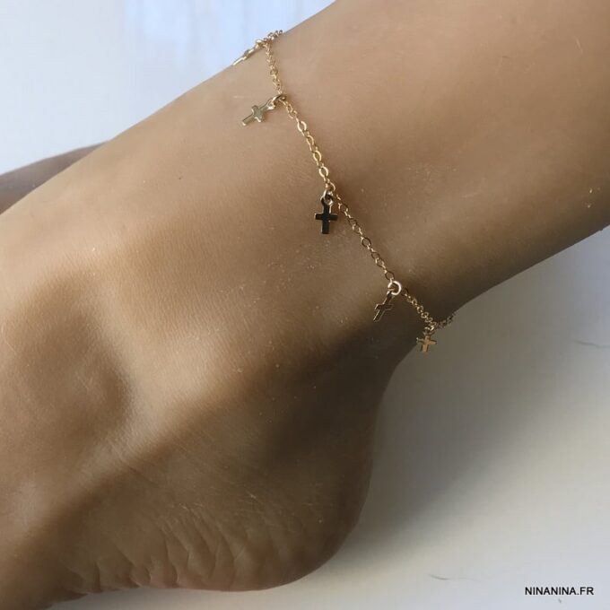 N6269 Chaine de cheville croix plaqué or - Bijoux de pied en ligne Ninanina