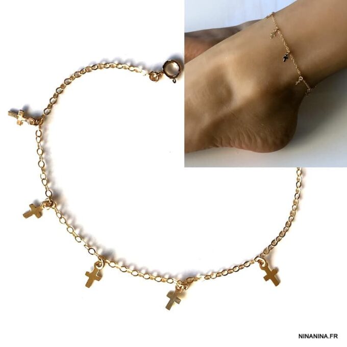 N6269a Chaine de cheville croix plaqué or - Bijoux de pied en ligne Ninanina