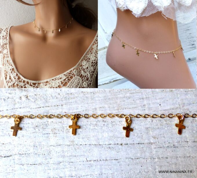 N6269d Chaine de cheville croix plaqué or - Bijoux Colliers en ligne Ninanina