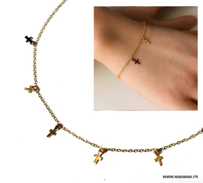 N6272a Bracelet fin avec plusieurs charms croix en Or Laminé (Plaqué Or 14 carats gold filled) artisanal - Bijoux bracelets fins en ligne Ninanina