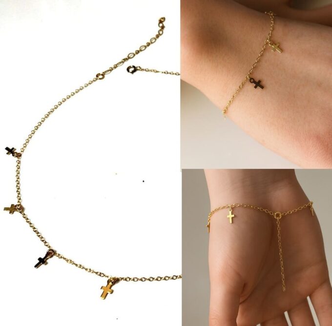 N6272f Bracelet fin avec plusieurs charms croix en Or Laminé (Plaqué Or 14 carats gold filled) artisanal - Bijoux bracelets fins en ligne Ninanina