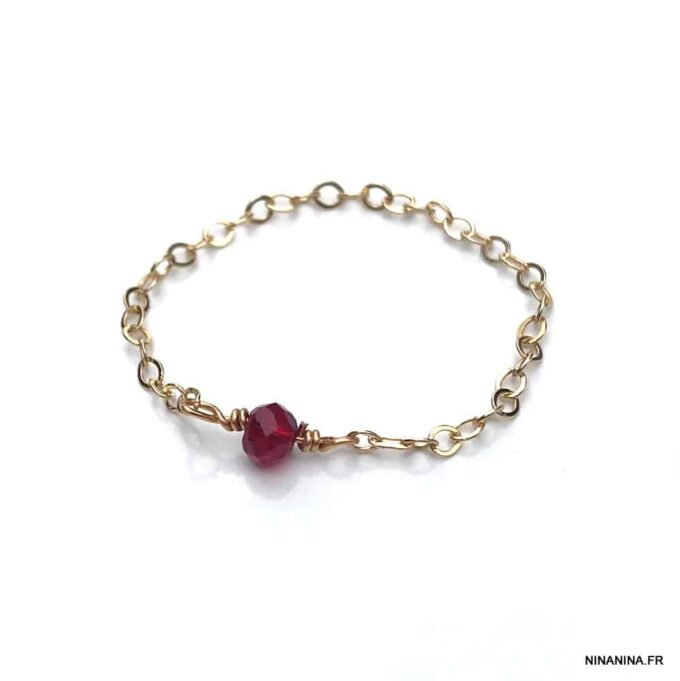 N6273 Bague fine chainette plaqué or Pierre Grenat rouge - Bijoux Bagues en ligne Ninanina