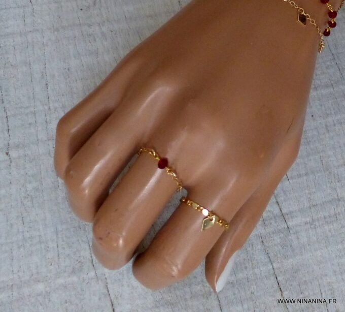 N6273c Bague fine chaine minimaliste plaqué or Et pierre Grenat rouge naturelle - Bijoux Bagues en ligne Ninanina