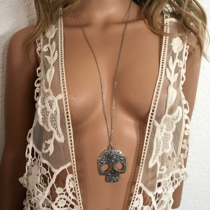 N6277e Collier tête de mort mexicaine gothique chic argenté - Bijoux Colliers Femme en ligne Ninanina