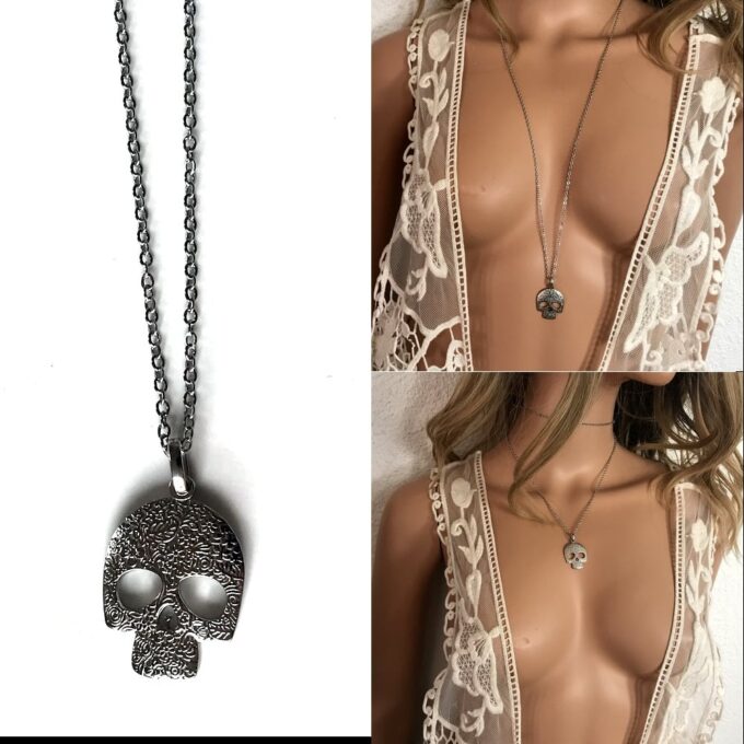 N6277g Collier tête de mort mexicaine gothique chic argenté - Bijoux Colliers Femme en ligne Ninanina