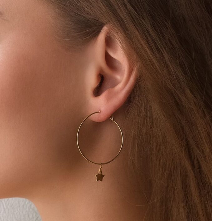 N6279b Boucles d'oreilles lune etoile - créoles bohème plaqué Or artisanales - Bijouxd'oreille femmes en ligne Ninanina