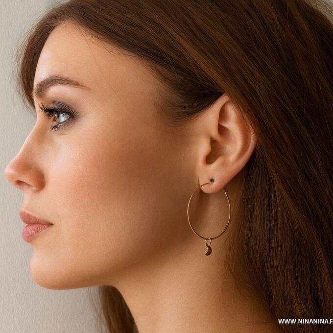 N6279d Boucles d'oreilles lune etoile - créoles bohème plaqué Or artisanales - Bijouxd'oreille femmes en ligne Ninanina