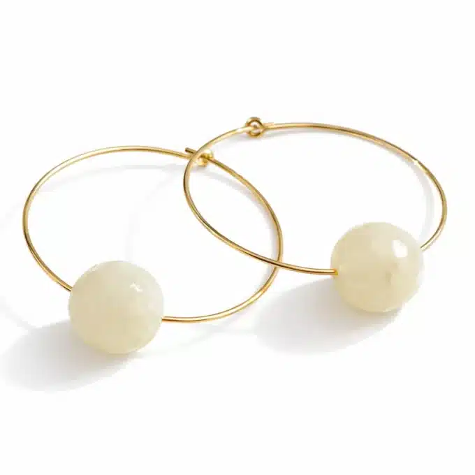 N6280D Boucles d'oreille Creoles femme plaqué Or perle en Pierre de Lune naturelle faites main - Bijoux d'oreille femmes en ligne Ninanina