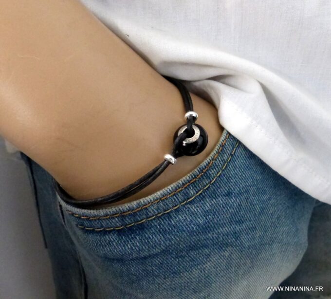 N6291a Bracelet Swarovski homme cordon cuir - Bijoux Bracelets en ligne Ninanina
