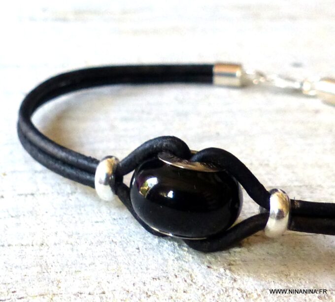 N6291b Bracelet Swarovski homme cordon cuir - Bijoux Bracelets en ligne Ninanina