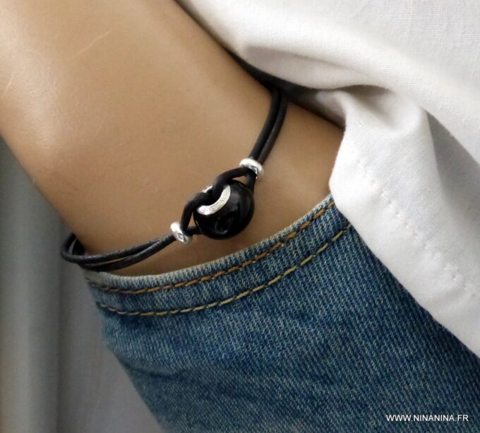 N6291c Bracelet Swarovski homme cordon cuir - Bijoux Bracelets en ligne Ninanina