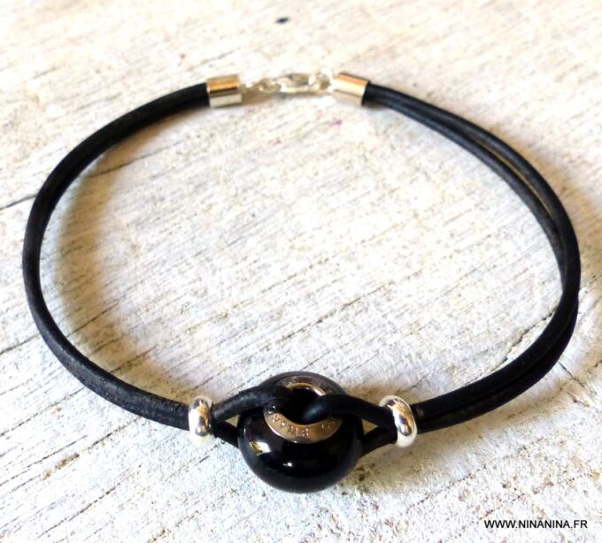 N6291d Bracelet Swarovski homme cordon cuir - Bijoux Bracelets en ligne Ninanina