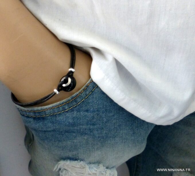 N6291e Bracelet Swarovski homme cordon cuir - Bijoux Bracelets en ligne Ninanina