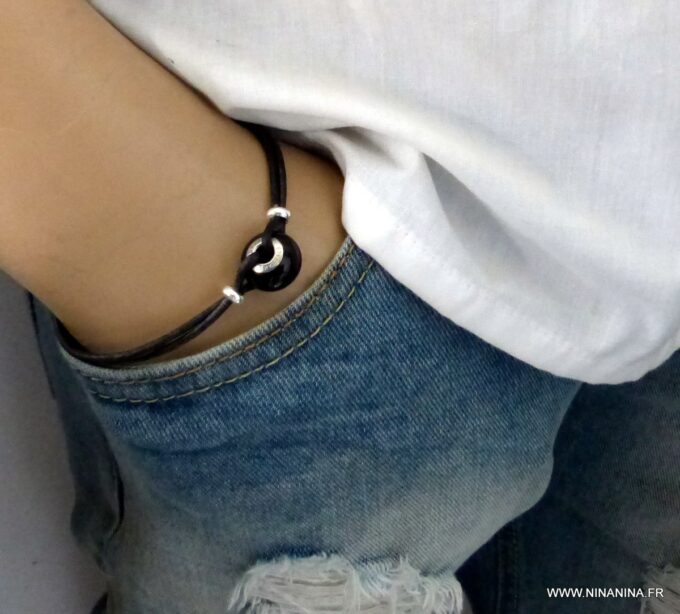N6291g Bracelet Swarovski homme cordon cuir - Bijoux Bracelets en ligne Ninanina