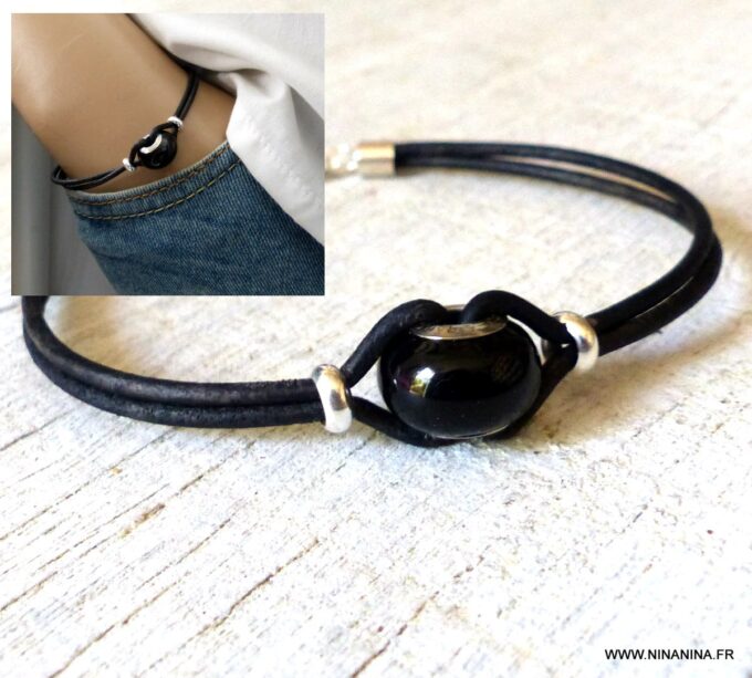 N6291h Bracelet Swarovski homme cordon cuir - Bijoux Bracelets en ligne Ninanina