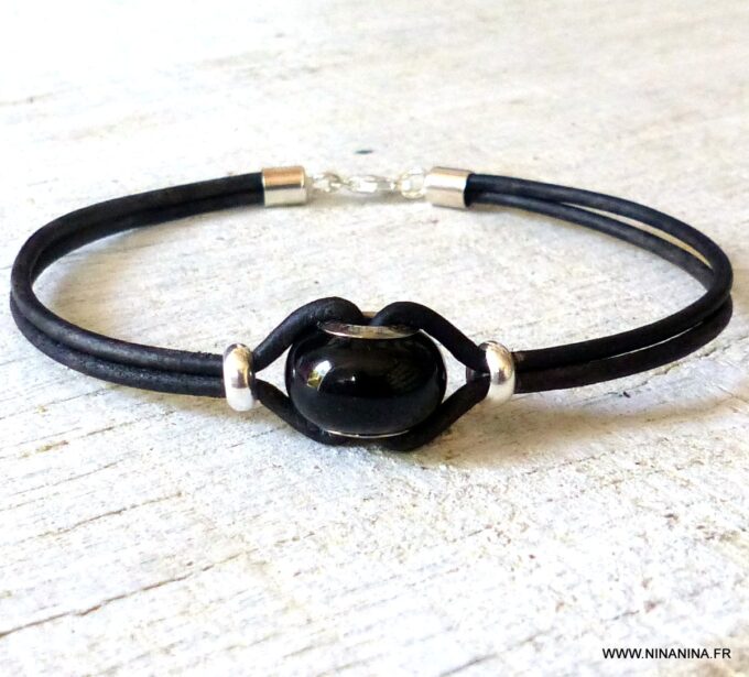 N6291k Bracelet Swarovski homme cordon cuir - Bijoux Bracelets en ligne Ninanina
