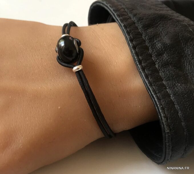 N6291Q Bracelet Swarovski homme cordon cuir - Bijoux Bracelets en ligne Ninanina