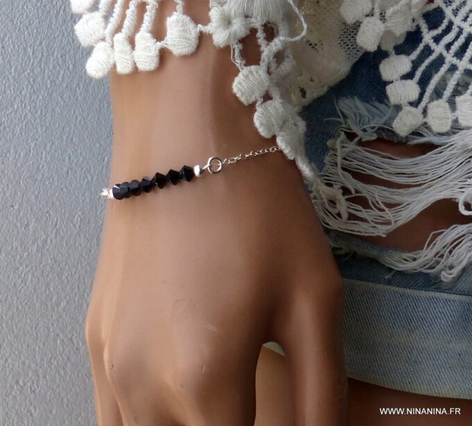 N6292 Bracelet perles Swarovski noir chaine argent 925 massif - Bijoux Bracelets en ligne Ninanina