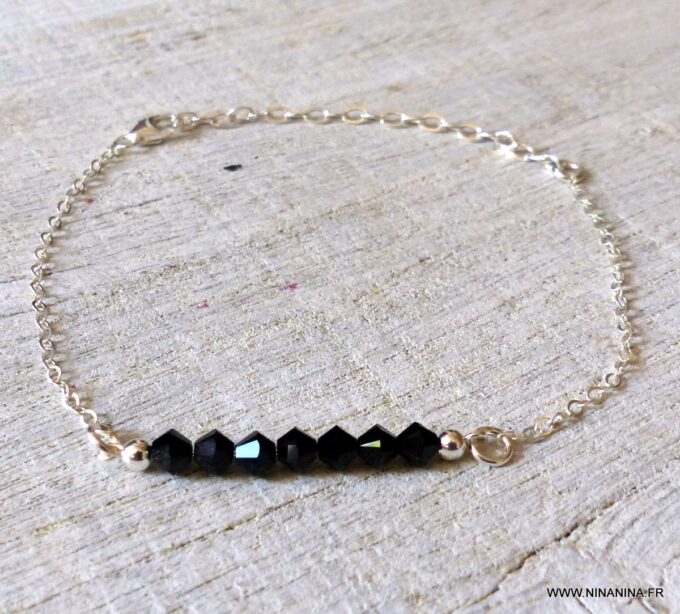 N6292a Bracelet perles Swarovski noir chaine argent 925 massif - Bijoux Bracelets en ligne Ninanina