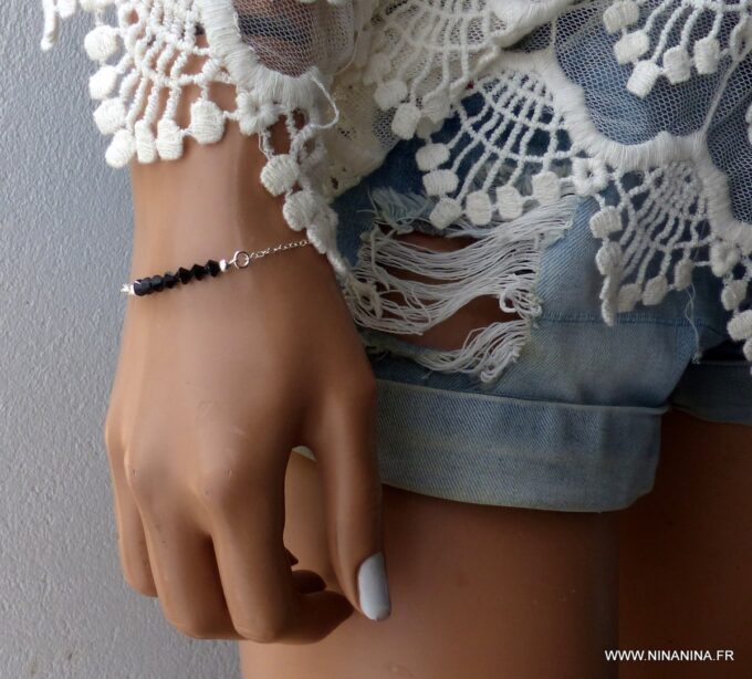 N6292b Bracelet perles Swarovski noir chaine argent 925 massif - Bijoux Bracelets en ligne Ninanina