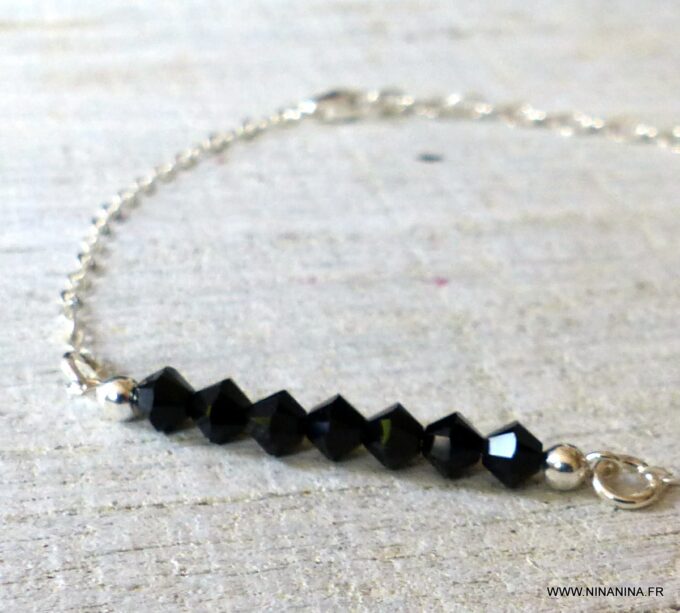 N6292d Bracelet perles Swarovski noir chaine argent 925 massif - Bijoux Bracelets en ligne Ninanina