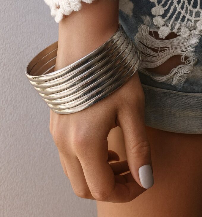 N6293a Bracelet joncs Semainier Acier inoxydable 7 anneaux fil plat 65mm - Bijoux Bracelets joncs en ligne Ninanina