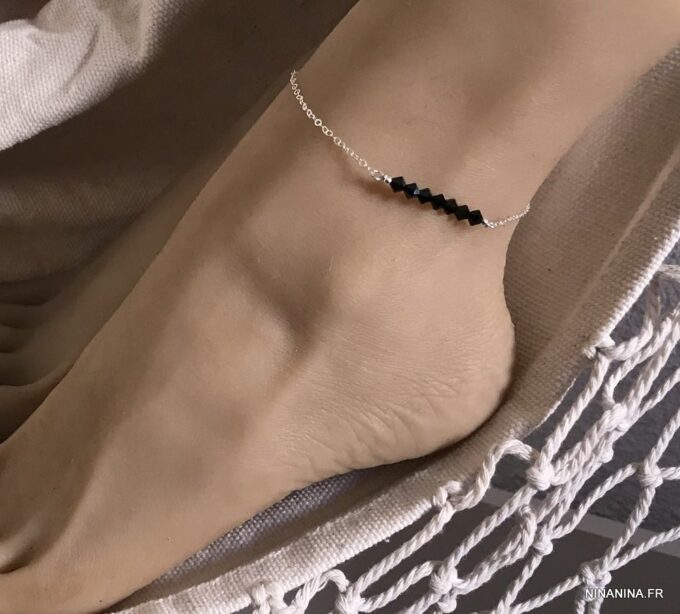 N6295 Chaine de cheville Swarovski perles noires Argent 925 - Bijoux de pied en ligne Ninanina