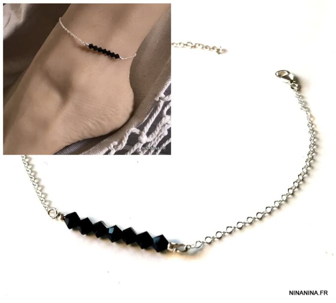 N6295a Chaine de cheville Swarovski perles noires Argent 925 - Bijoux de pied en ligne Ninanina