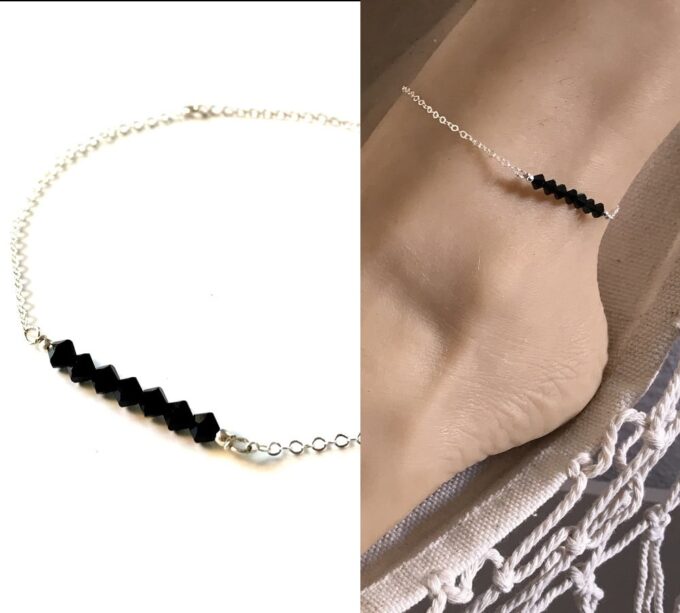 N6295c Chaine de cheville Swarovski perles noires Argent 925 - Bijoux de pied en ligne Ninanina