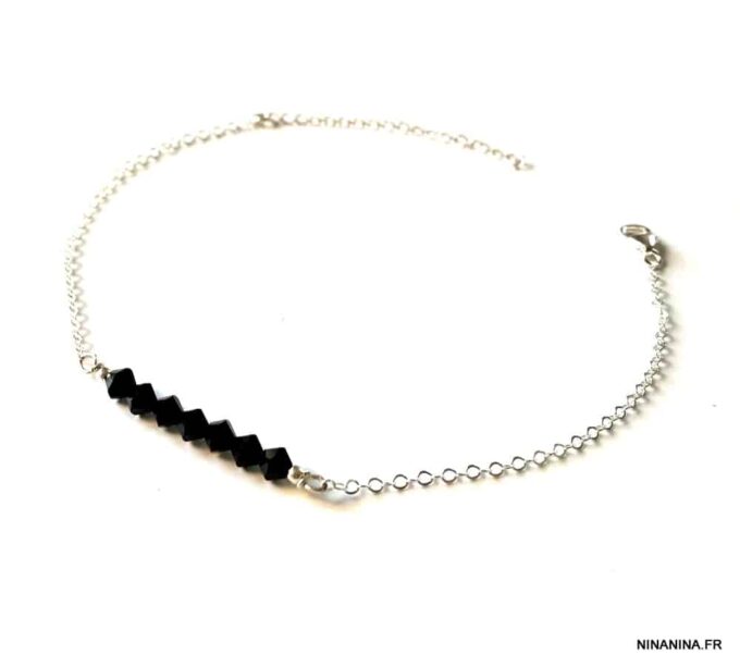 N6295e Chaine de cheville Swarovski perles noires Argent 925 - Bijoux de pied en ligne Ninanina