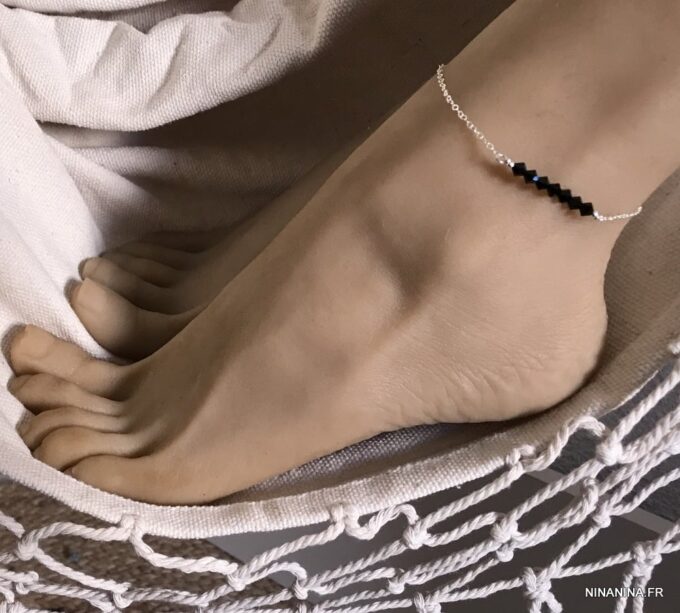 N6295f Chaine de cheville Swarovski perles noires Argent 925 - Bijoux de pied en ligne Ninanina