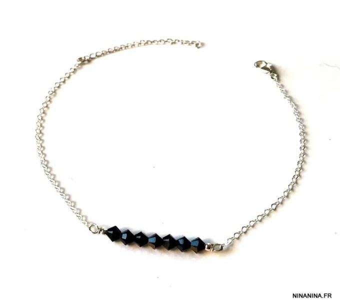 N6295g Chaine de cheville Swarovski perles noires Argent 925 - Bijoux de pied en ligne Ninanina