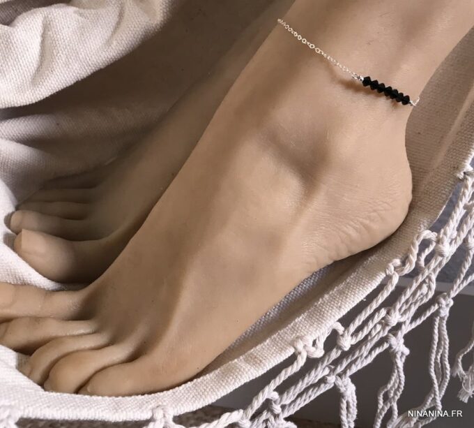 N6295h Chaine de cheville Swarovski perles noires Argent 925 - Bijoux de pied en ligne Ninanina