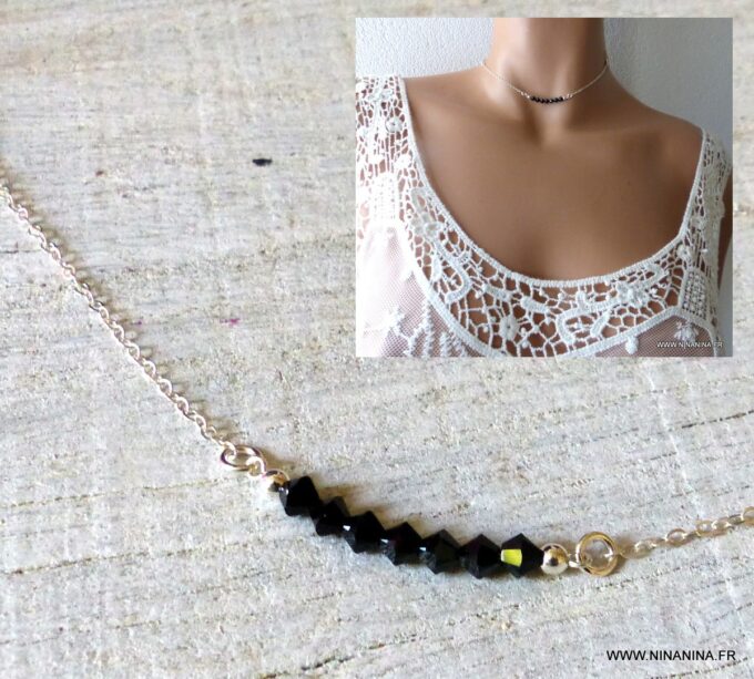 N6296 Collier court perles Swarovski noir chaine argent 925 massif - Bijoux Chaines en ligne Ninanina