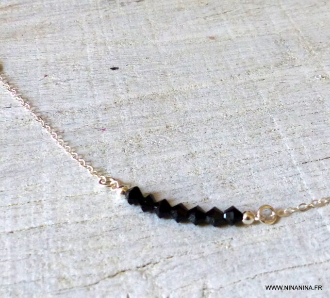 N6296b Collier court perles Swarovski noir chaine argent 925 massif - Bijoux Chaines en ligne Ninanina