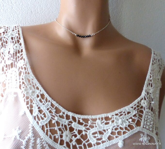 N6296c Collier court perles Swarovski noir chaine argent 925 massif - Bijoux Chaines en ligne Ninanina