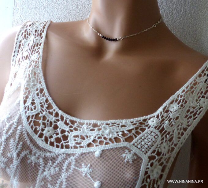 N6296d Collier court perles Swarovski noir chaine argent 925 massif - Bijoux Chaines en ligne Ninanina