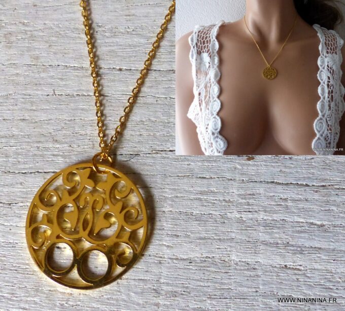 N6305f Collier fin pendentif rond acier inoxydable doré - Bijoux Colliers en ligne Ninanina