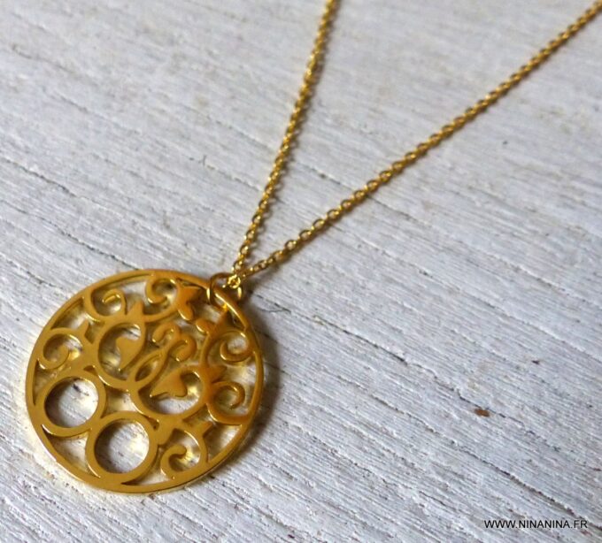 N6305g Collier fin pendentif rond acier inoxydable doré - Bijoux Colliers en ligne Ninanina