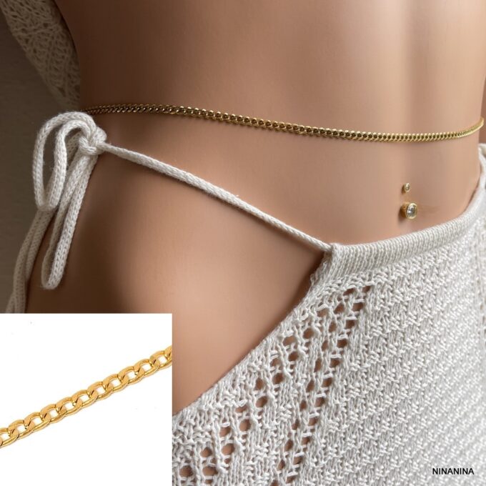 N6307b Chaine de taille dorée maille gourmette acier inox doré - Bijoux de corps dorés en ligne Ninanina