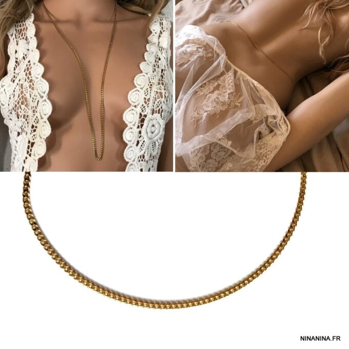 N6307f Longue chaine femme acier doré maille gourmette - Bijoux de corps en ligne Ninanina