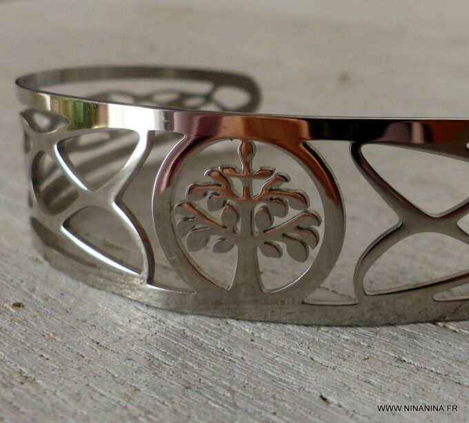 N6312 Bracelet jonc manchette acier homme et femme arbre de vie inoxydable argenté - Bijoux Bracelets en ligne Ninanina