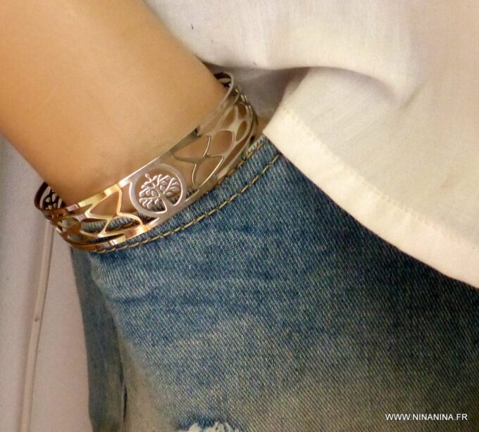 N6312a Bracelet jonc manchette acier homme et femme arbre de vie inoxydable argenté - Bijoux Bracelets en ligne Ninanina