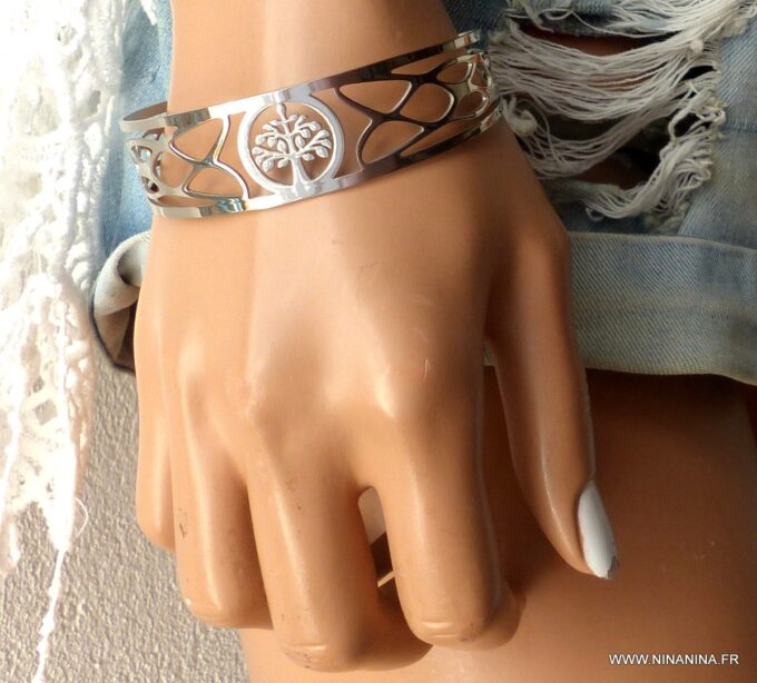 N6312f Bracelet jonc manchette acier homme et femme arbre de vie inoxydable argenté - Bijoux Bracelets en ligne Ninanina