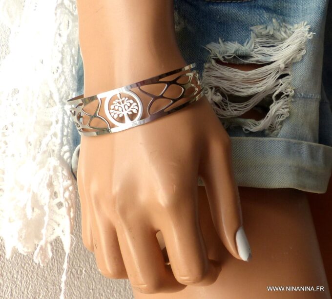 N6312g Bracelet jonc manchette acier homme et femme arbre de vie inoxydable argenté - Bijoux Bracelets en ligne Ninanina