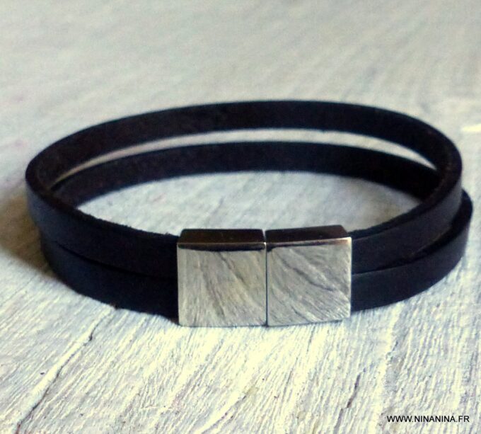 N6319 Bracelet homme cuir fermoir aimanté acier inoxydable - Bijoux Bracelets en ligne Ninanina