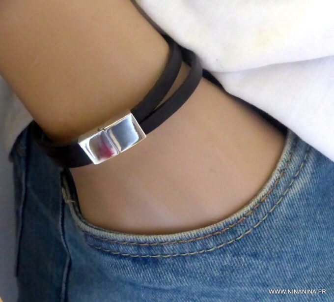 N6319a Bracelet homme cuir fermoir aimanté acier inoxydable - Bijoux Bracelets en ligne Ninanina