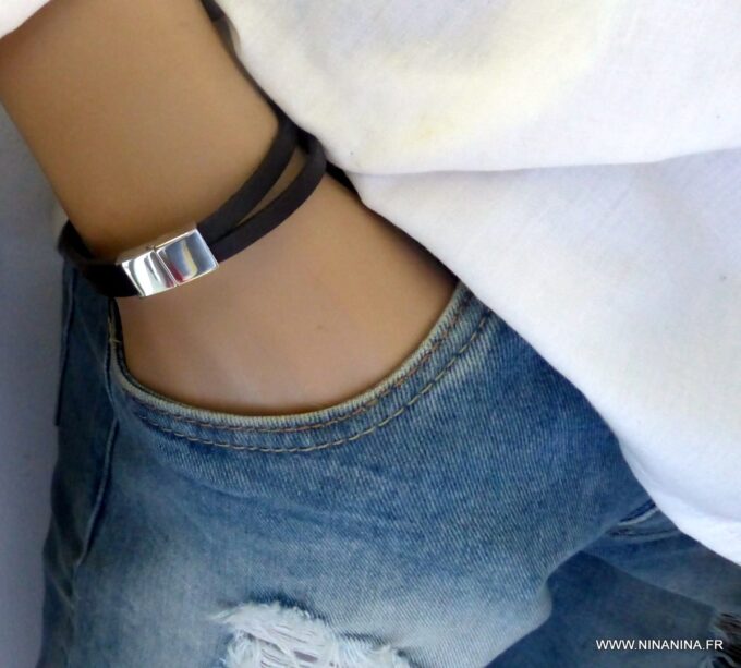 N6319c Bracelet homme cuir fermoir aimanté acier inoxydable - Bijoux Bracelets en ligne Ninanina