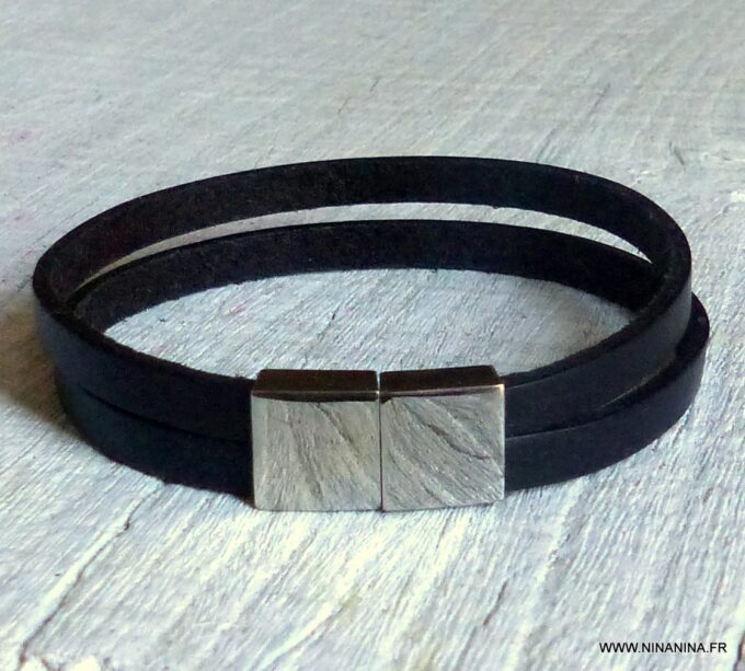N6319f Bracelet homme cuir fermoir aimanté acier inoxydable - Bijoux Bracelets en ligne Ninanina