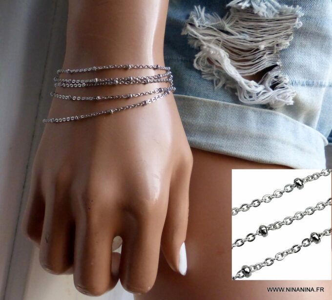 N6335h Chaine de taille Acier inoxydable argenté maille satellite - Bijoux Chaines en ligne Ninanina